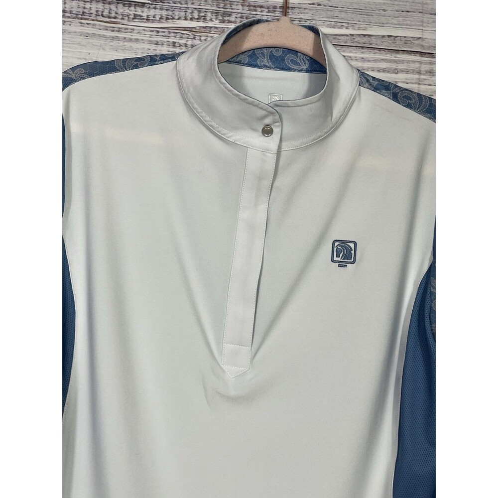 ROMFH Womens Equestrian Riding Shirt M Blue White 1/4 Snap Chill Factor Horses